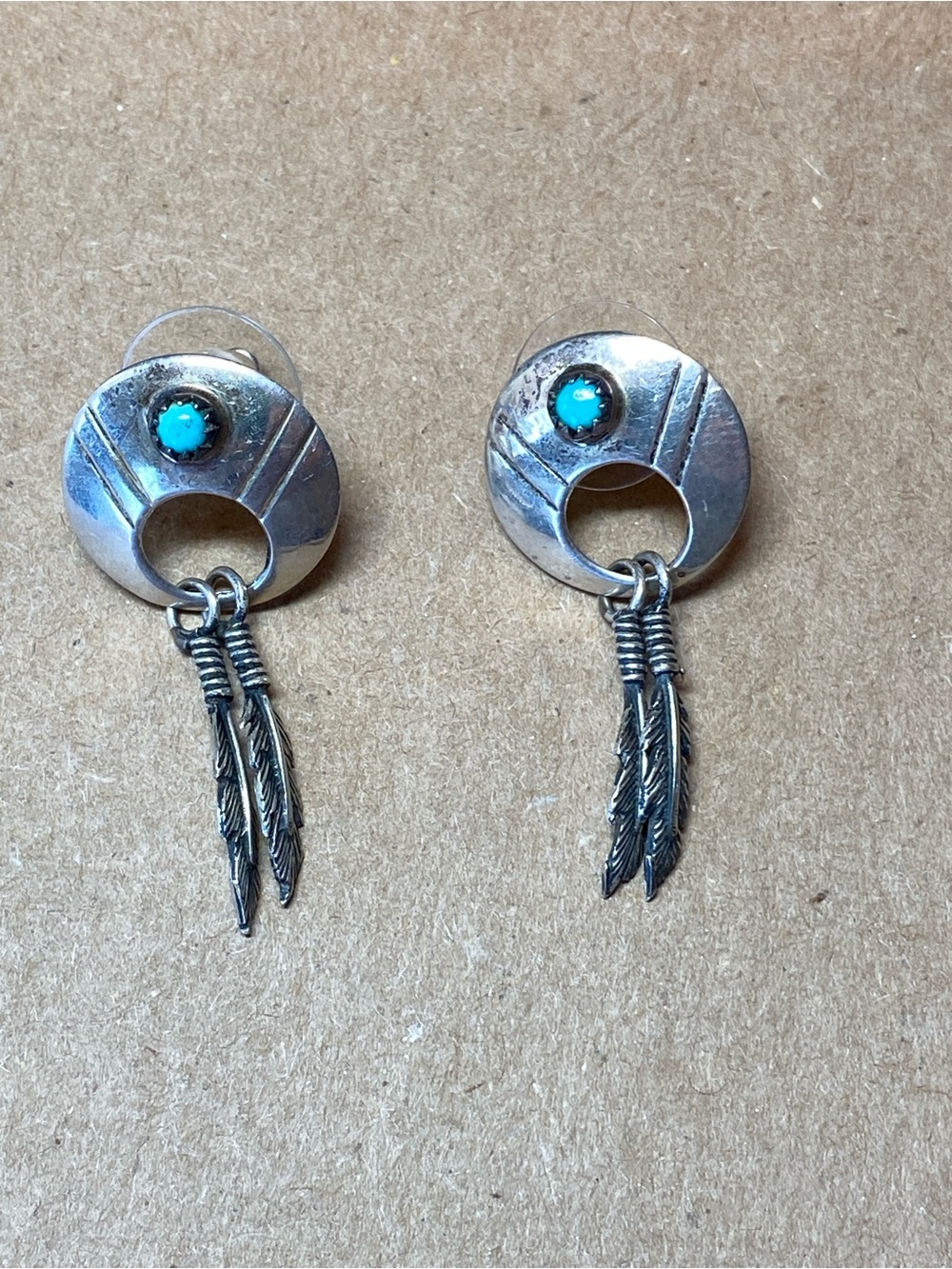 Vintage sterling turquoise feather earrings